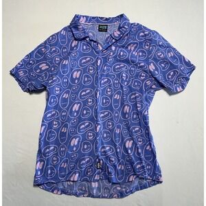 ALab Button Up Shirt XL Blue Pink Smiley Face Print Short Sleeve Casual